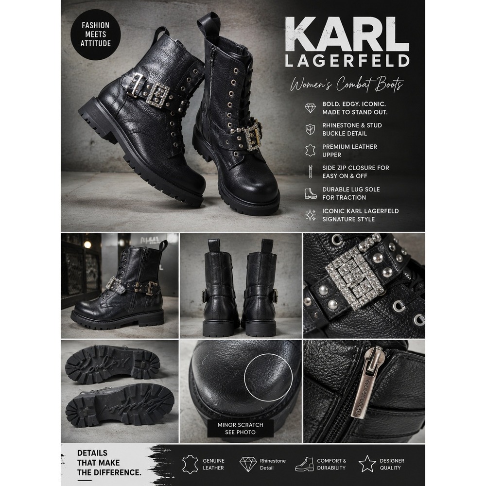 Karl Lagerfeld Maeva Black Leather Rhinestone Buckle Combat Boots Womens 7.5M